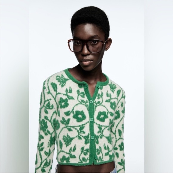 Zara Sweaters Zara Green White Wool Blend Floral Vine Cropped